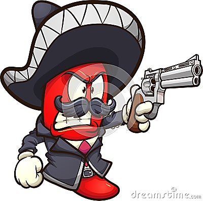 Red chili pepper with a mariachi outfit and a revolver gun Vector Illustration