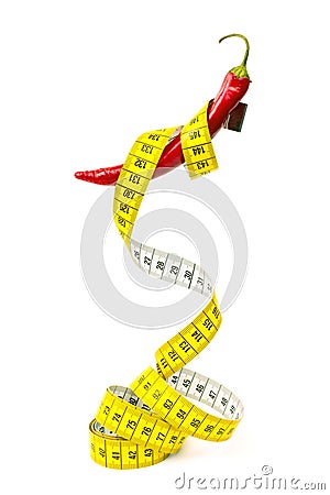 Red chili pepper with measuring tape on white background Stock Photo