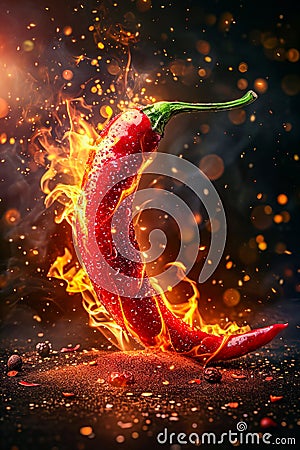 Red chili pepper is shown in stylized artistic manner with fire and lightening bolts around it. Generative AI Stock Photo