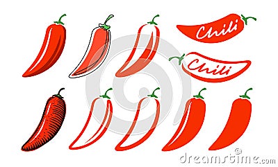 Red chili pepper symbol set. Hot flavor symbol. Vector illustration Vector Illustration