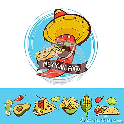 Red chili in a sombrero dancing with maracas. Mexican food. A set of popular Mexican dishes, fast food. Vector illustration. Vector Illustration