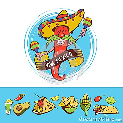 Red chili in a sombrero dancing with maracas. Mexican food. A set of popular Mexican dishes, fast food. Vector illustration. Vector Illustration