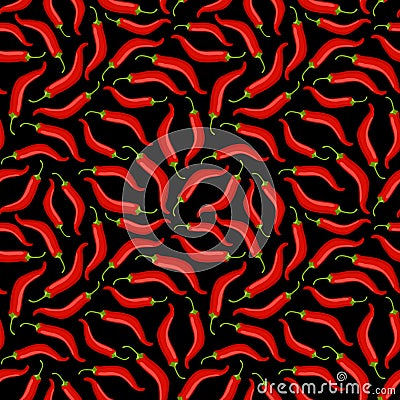 Red chilli pepper seamless pattern on black background Vector Illustration