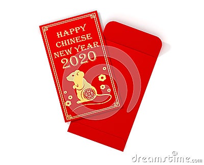 Red chinese envelope with mouse, symbol of year.3D Illustration. Stock Photo