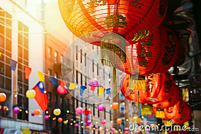 Red chinese lantern in Chinatown in New York city, USA. Festive decoration for Chinese New Year celebration Stock Photo