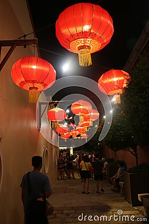 Red Chinese lantern decoration on the top of a narrow alley in Georgetown Editorial Stock Photo
