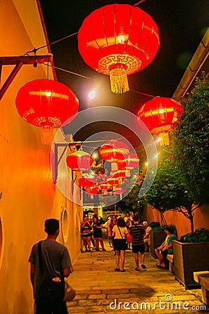 Red Chinese lantern decoration on the top of a narrow alley in Georgetown Editorial Stock Photo