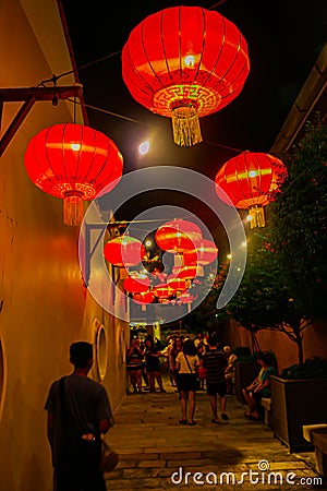 Red Chinese lantern decoration on the top of a narrow alley in Georgetown Editorial Stock Photo