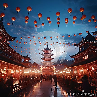 Red Chinese lanterns, around hundreds of people and temples. Chinese New Year celebrations Stock Photo