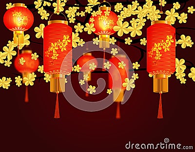 Red Chinese lanterns hanging in the park. A cylindrical shape with a pattern. Vector Illustration