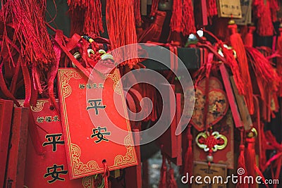 Red Chinese prayer charms Stock Photo