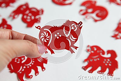 Red Chinese zodiac papercutting, Year of pig Stock Photo