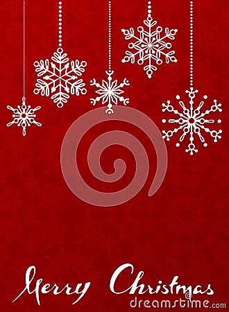 Red Christmas background with hanging snowflakes. Vector Illustration