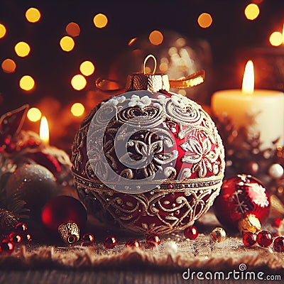 A red Christmas ball decorated with gold tiers and a lit candle next to it. Stock Photo