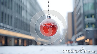 Red Christmas ball hanging on a snowy street in a winter city Christmas ball closeup. Christmas abstract background Stock Photo