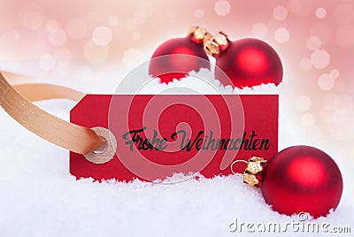 Red Christmas Ball Ornament, Snow, Label, Frohe Weihnachten Mean Merry Christmas Stock Photo