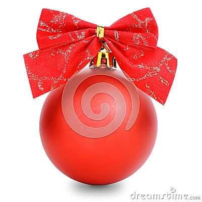 Red Christmas ball with ribbon isolated on white Stock Photo