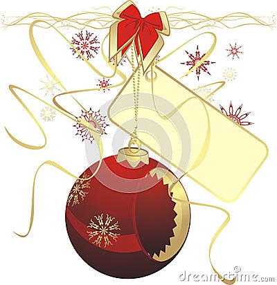 Red Christmas ball with sticker on the ribbon Vector Illustration