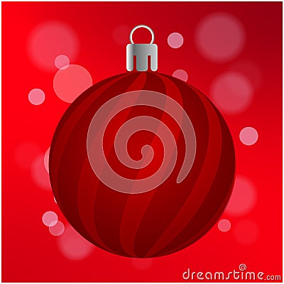 Red Christmas ball with Stripes, isolated Red Background with Bokeh Effect Vector Illustration