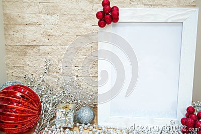 Red and silver Chrustmas decorations, little present. Mock up, s Stock Photo