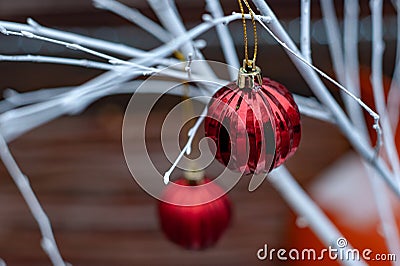 Red Christmas balls on white branches Stock Photo