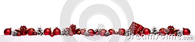 Red christmas balls with xmas present gift boxes in a row isolated on snow Stock Photo