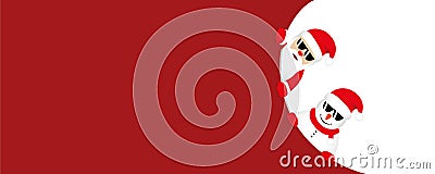 Red christmas banner with cute santa claus and snowman with sunglasses Vector Illustration