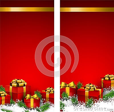 Red christmas banners with gift boxes Vector Illustration