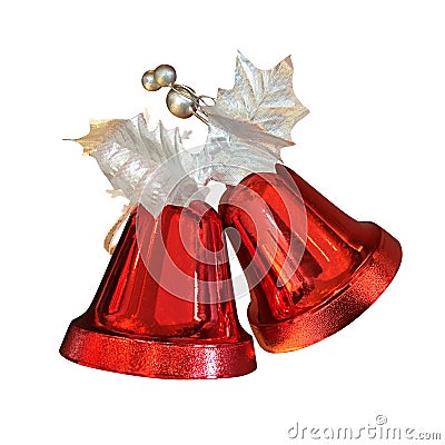 Red christmas bells with silver leaves ornaments decoration isolated on white background, clipping path included. Stock Photo