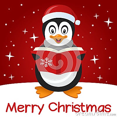 Red Christmas Card Cute Penguin Vector Illustration