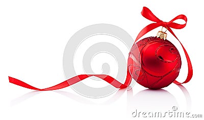 Red Christmas decoration bauble with ribbon bow isolated on white background Stock Photo