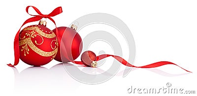 Red christmas decoration baubles with ribbon bow isolated Stock Photo