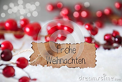 Red Christmas Decoration, Snow, Label, Frohe Weihnachten Means Merry Christmas Stock Photo