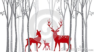 Red christmas deer with birch tree Vector Illustration