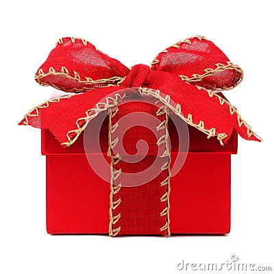 Red Christmas gift box with red bow and ribbon on white Stock Photo