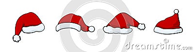 Red christmas hat set. Santa claus winter headdress Vector Illustration