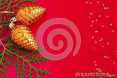 Red christmas mockup with golden decoration. Layout with text space. New Year card, frame. Festive art banner, wintertime. Stock Photo