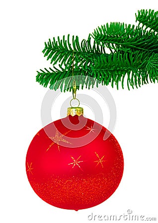 Red Christmas Ornament On Noble Pine Tree Bough Stock Photo