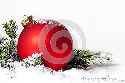 Red Christmas Ornament Snow Pine Stock Photo