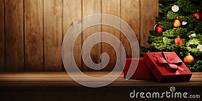 Red christmas present on vintage wooden table and christmas tree with lights. Cozy magic xmas and new year holiday scene. Open Stock Photo