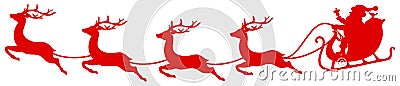 Red Christmas Sleigh Santa And Four Flying Reindeers Bent Vector Illustration