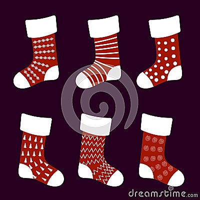 Red Christmas socks with different patterns Vector Illustration