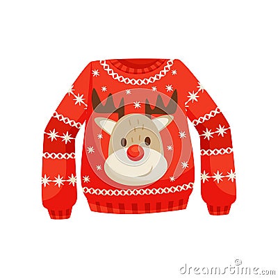 Red Christmas sweater, knitted warm jumper with cute reindeer vector Illustration on a white background Vector Illustration