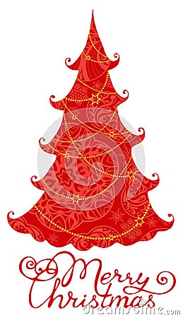 Red Christmas tree isolated on white background Vector Illustration