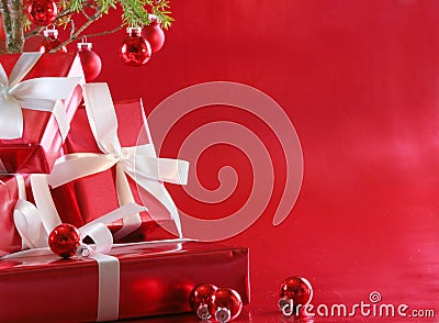 Red Christmas tree, red presents Stock Photo