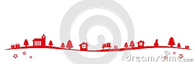 Red christmas winter landscape border with church firs houses and gifts Vector Illustration