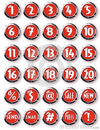 Red Chrome Round Buttons White Numbers and other Symbols Stock Photo