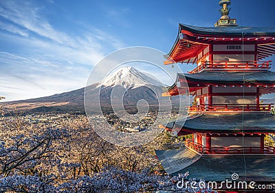 Red chureito pagoda with cherry blossom and Fujiyama mountain on the night Stock Photo