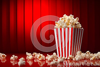 On red cinema background, delicious homemade popcorn is served in a striped bucket cup Stock Photo
