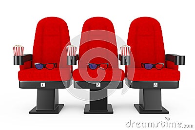 Red Cinema Movie Comfortable Chairs with Popcorn and 3d Glasses. Stock Photo